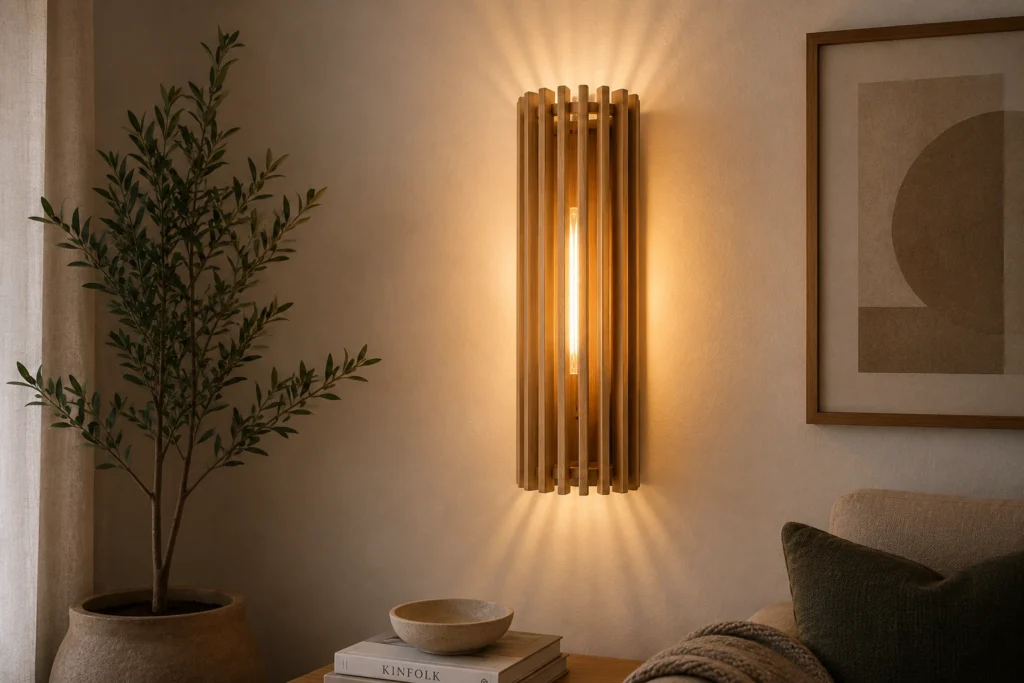 Natural alder wood wall lamp with warm light in modern interior