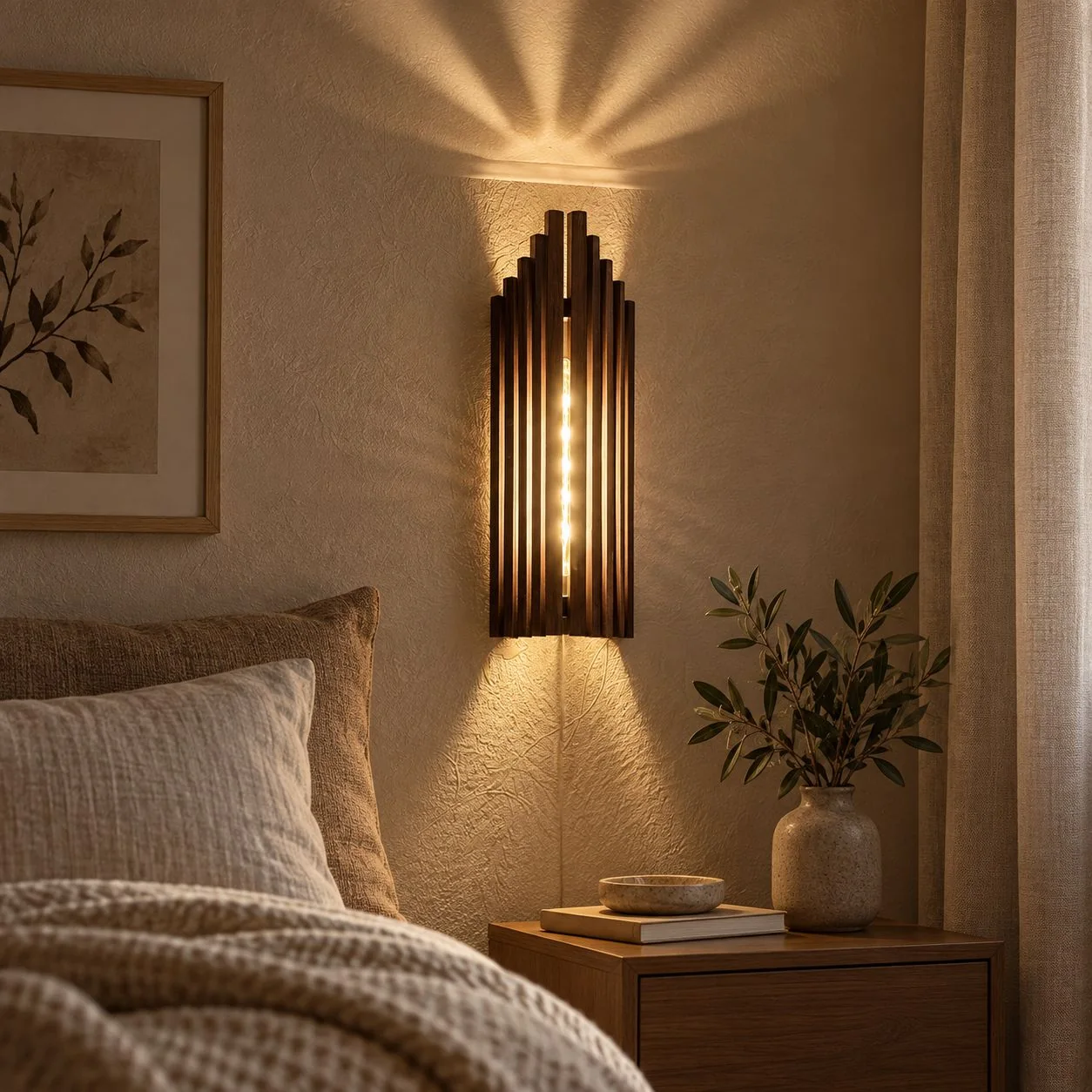 Alder wood wall sconce in modern bedroom interior