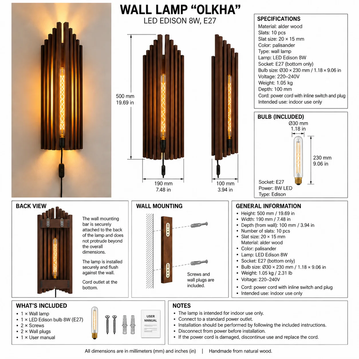 Alder wood wall sconce dimensions and technical specifications